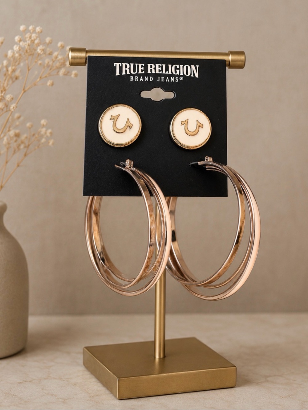 True Religion Gold Triple Band Earrings